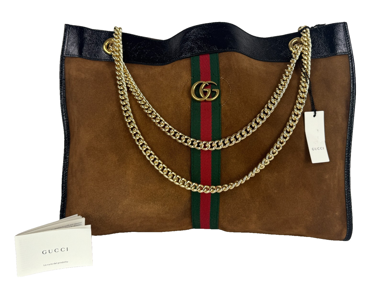 $3200 Gucci Auth Brown Black Web Rajah Tote Bag GG Suede Leather Runway Auth