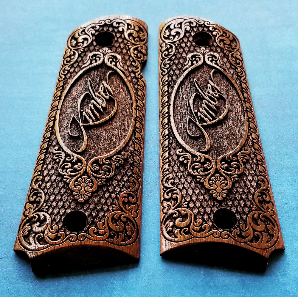 1911 custom 3D engraved walnut wood grips Scroll fits Kimber beatiful