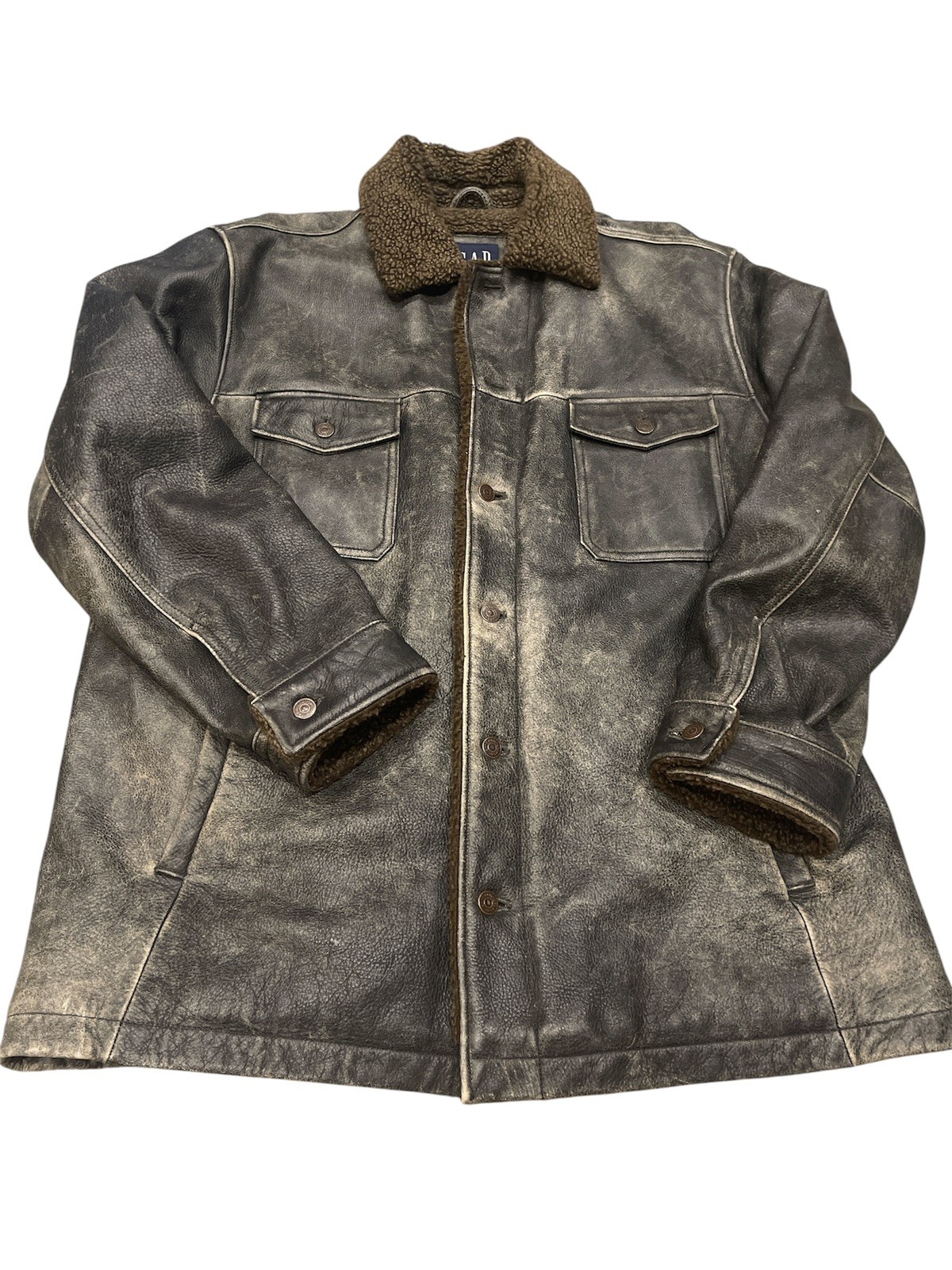 Vintage Gap 100% Distressed Leather Sherpa Lined Barn Coat Jacket Mens XL