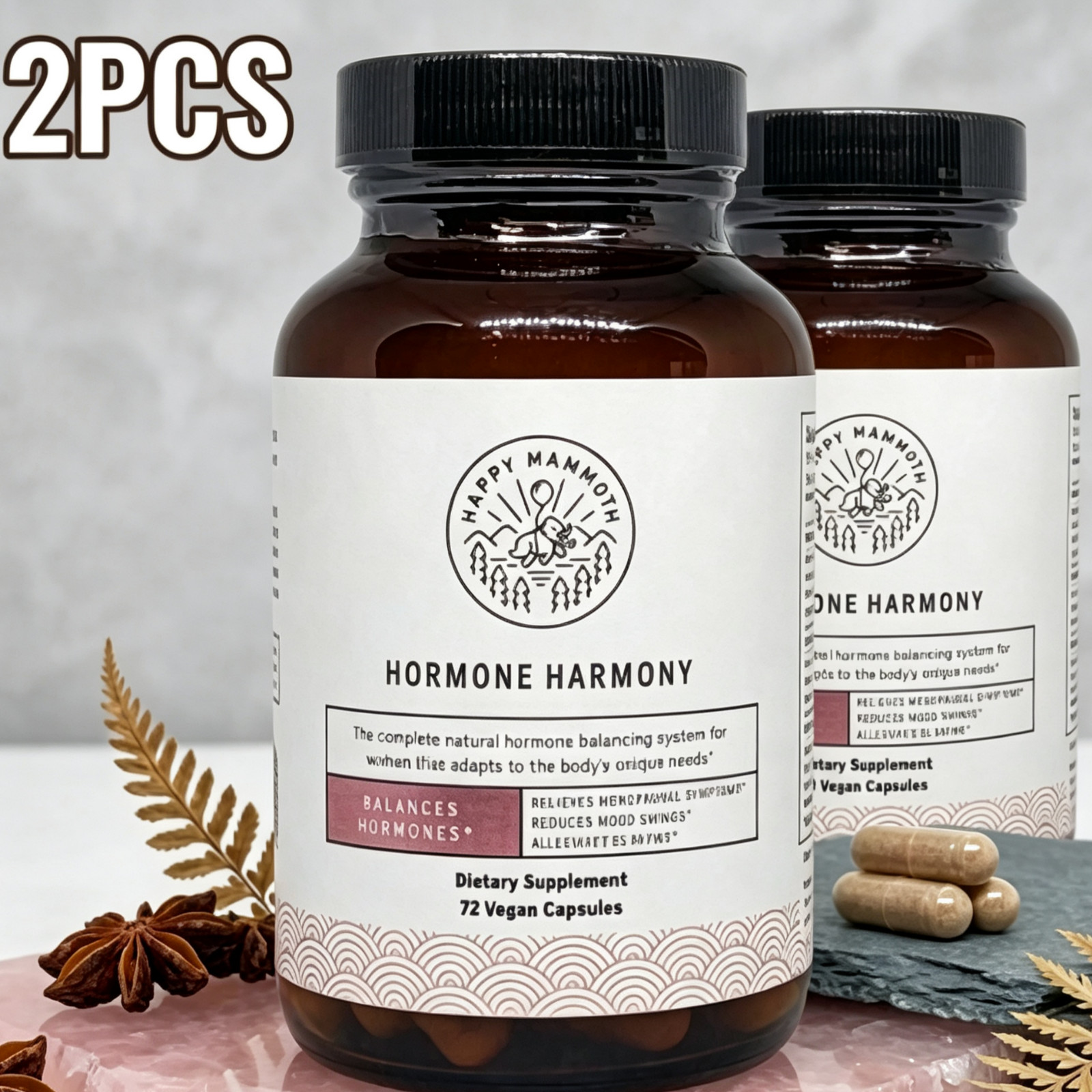 2PCS Happy Mammoth Hormone Harmony Natural Hormonal Support for Women 72 Capsule