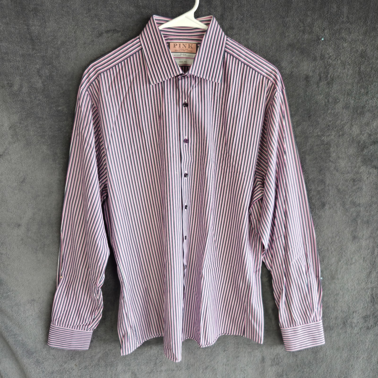 Thomas Pink Dress Shirt Men 16.5 Slim Fit Pink Blue Stripe Long Sleeve Button Up