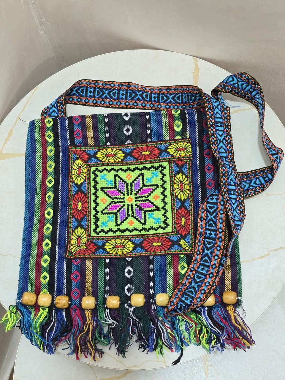 Boho Ethnic Crossbody Bag Vintage Tribal Woven Shoulder Purse Fringe Wood Beads