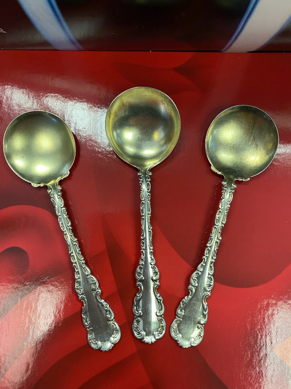 LOT 3 ANTIQUE WHITING STERLING SILVER LOUIS XV NO monogram ROUND SOUP SPOONS 53g