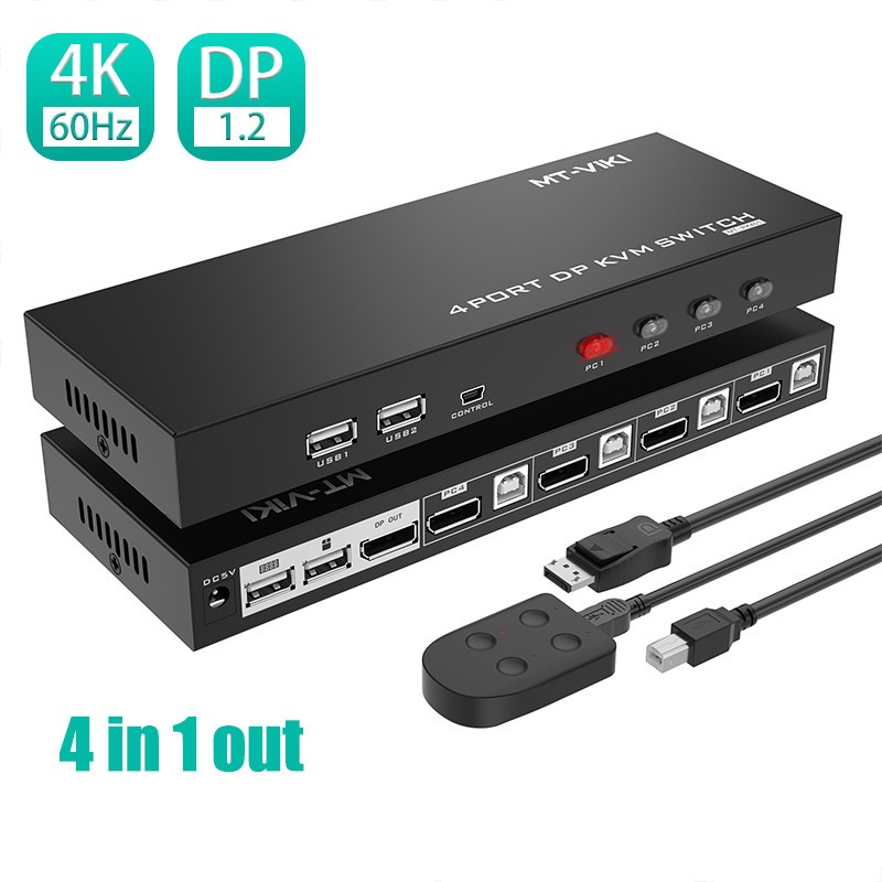 MT-VIKI 4 Port DisplayPort KVM Switch 4K@60Hz DP1.2 Hotkey Metal w/ 4 USB Cables