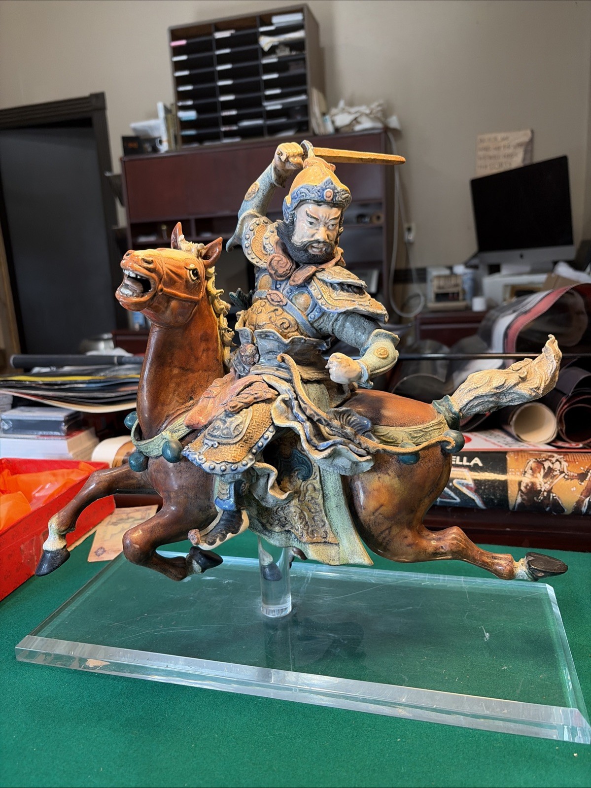 Chinese Qing Dynasty Ceramic Roof Tile. Warrior on Horseback. Mounted on Lucite