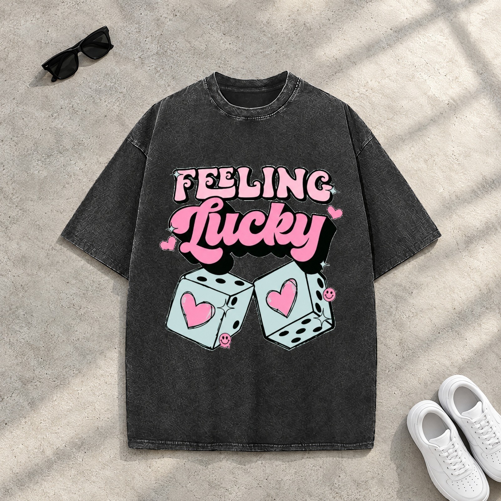 Feeling Lucky Dice Graphic Tee Y2K Oversized Washed Vintage Streetwear T-Shirt