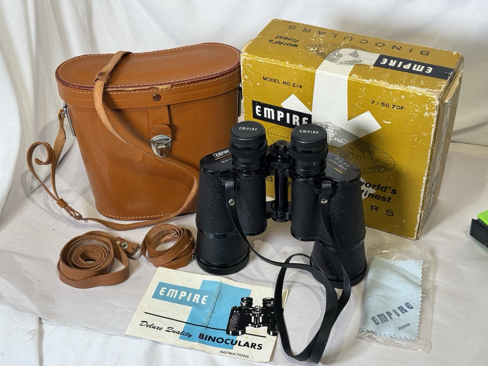 Vintage Empire Model 214 7x50 Binoculars Japan Box Case Manual Complete Set