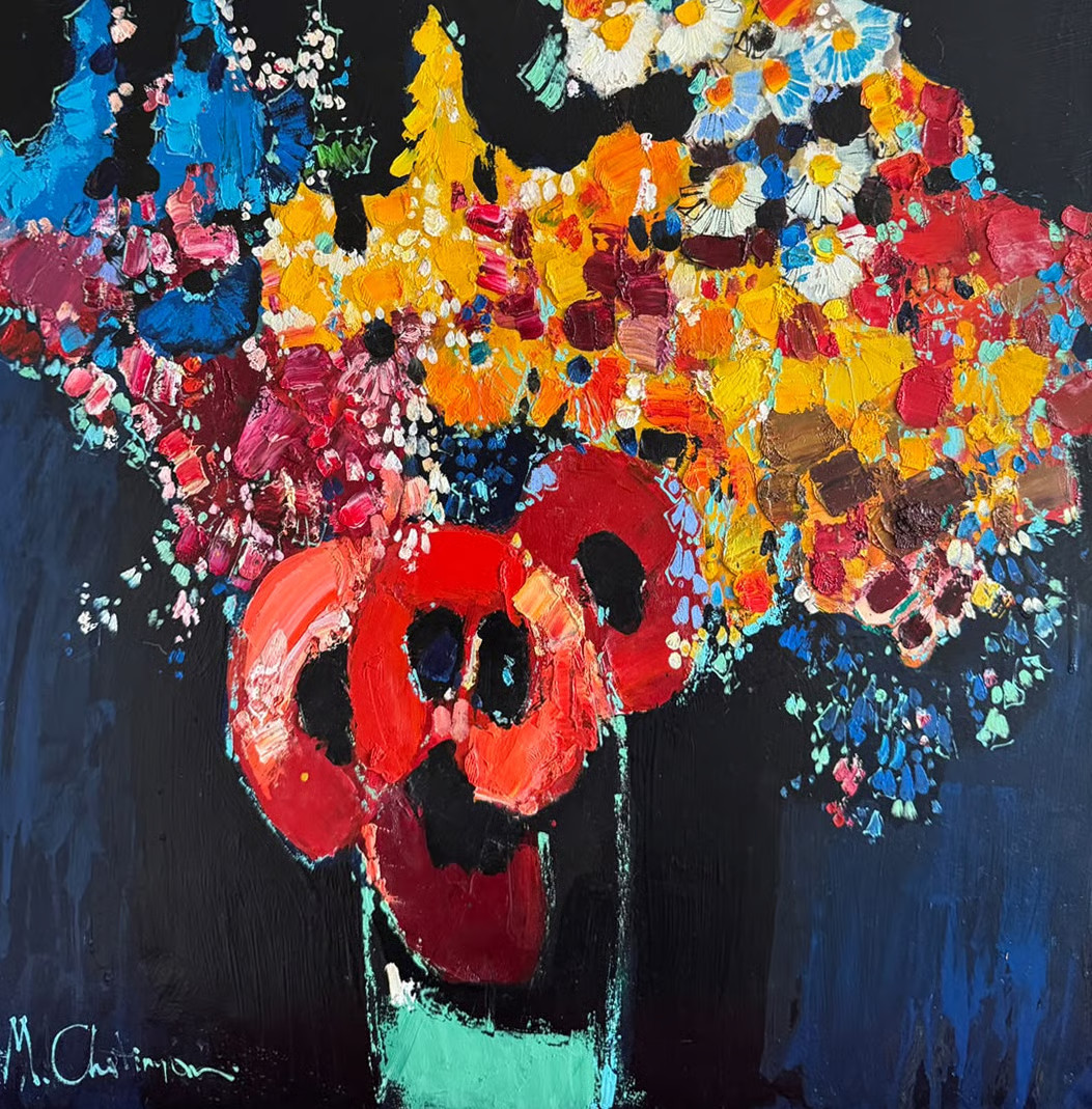 Colorful Flower Bouquet on Dark Background, Impasto Oil Painting, Mher Chatinyan