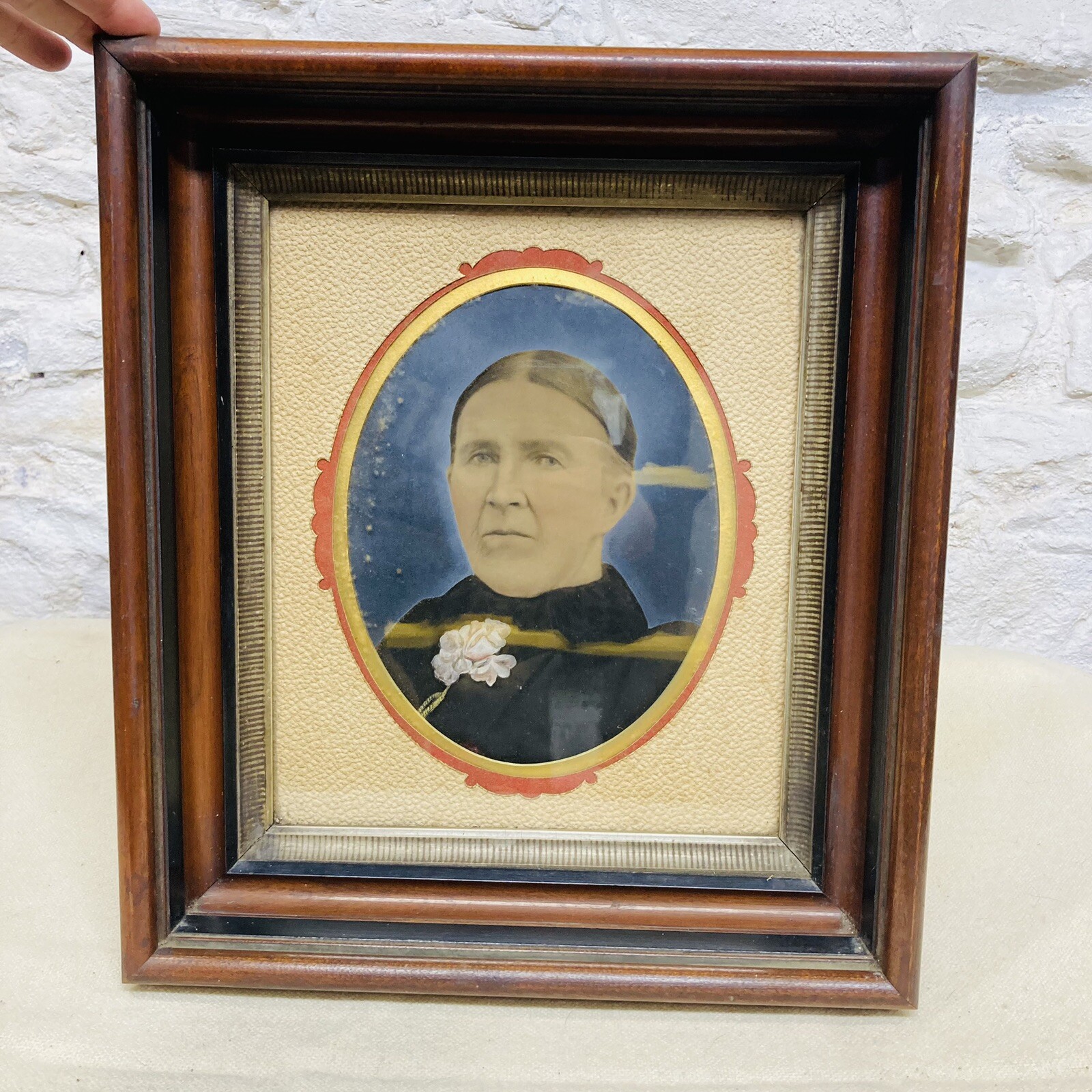 Antique Colorized Portrait of a Woman Mother Widow Deep Wood Box Frame Nice