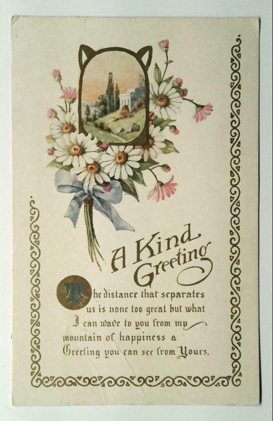 Vintage 1907-1915 Lithograph Postcard A Kind Greeting Floral Scene