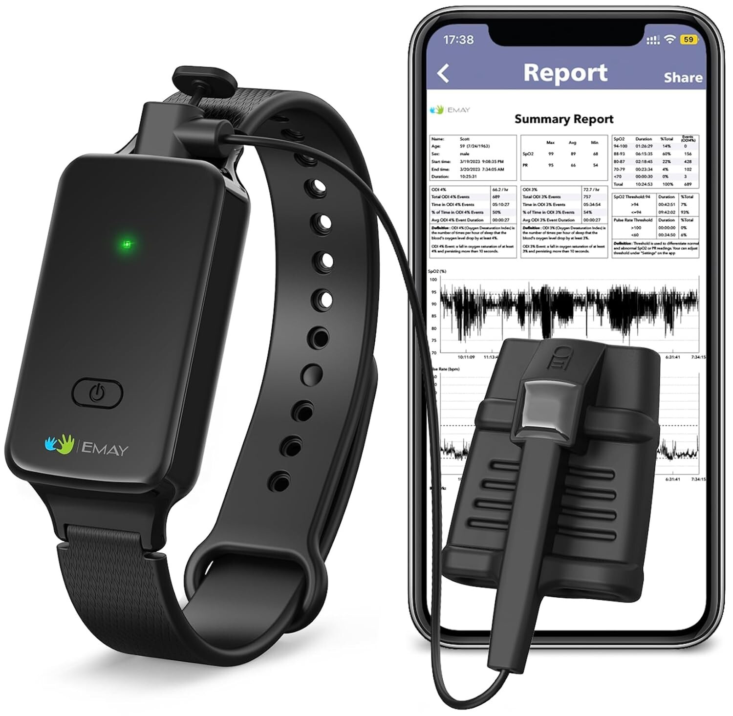  EMAY SleepO2 Wrist Recording Pulse Oximeter Continuous Oxygen Monitor Tracking