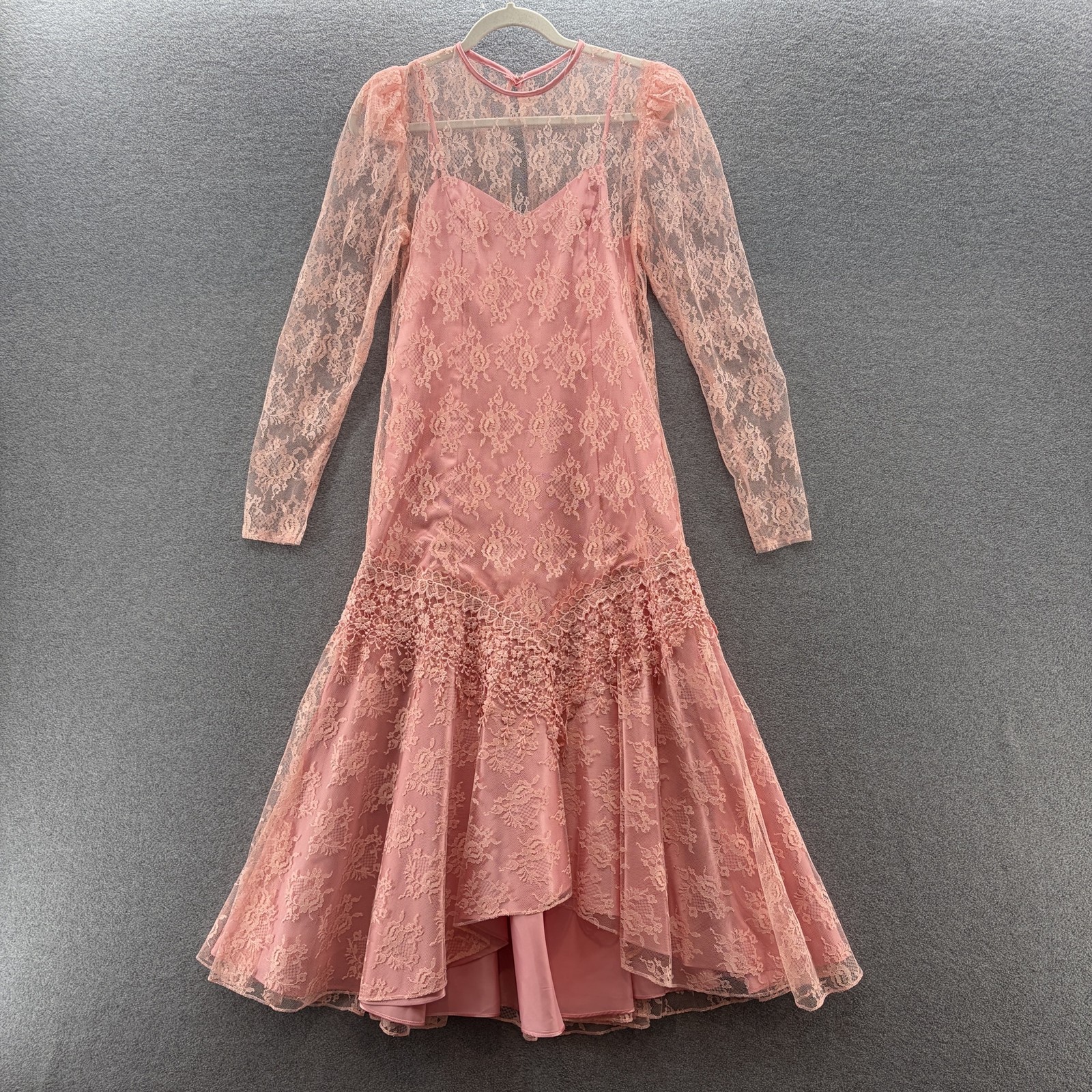 VTG 80s Dress Small Pink Lace Romantic Drop Waist Midi Maxi Formal Union Made