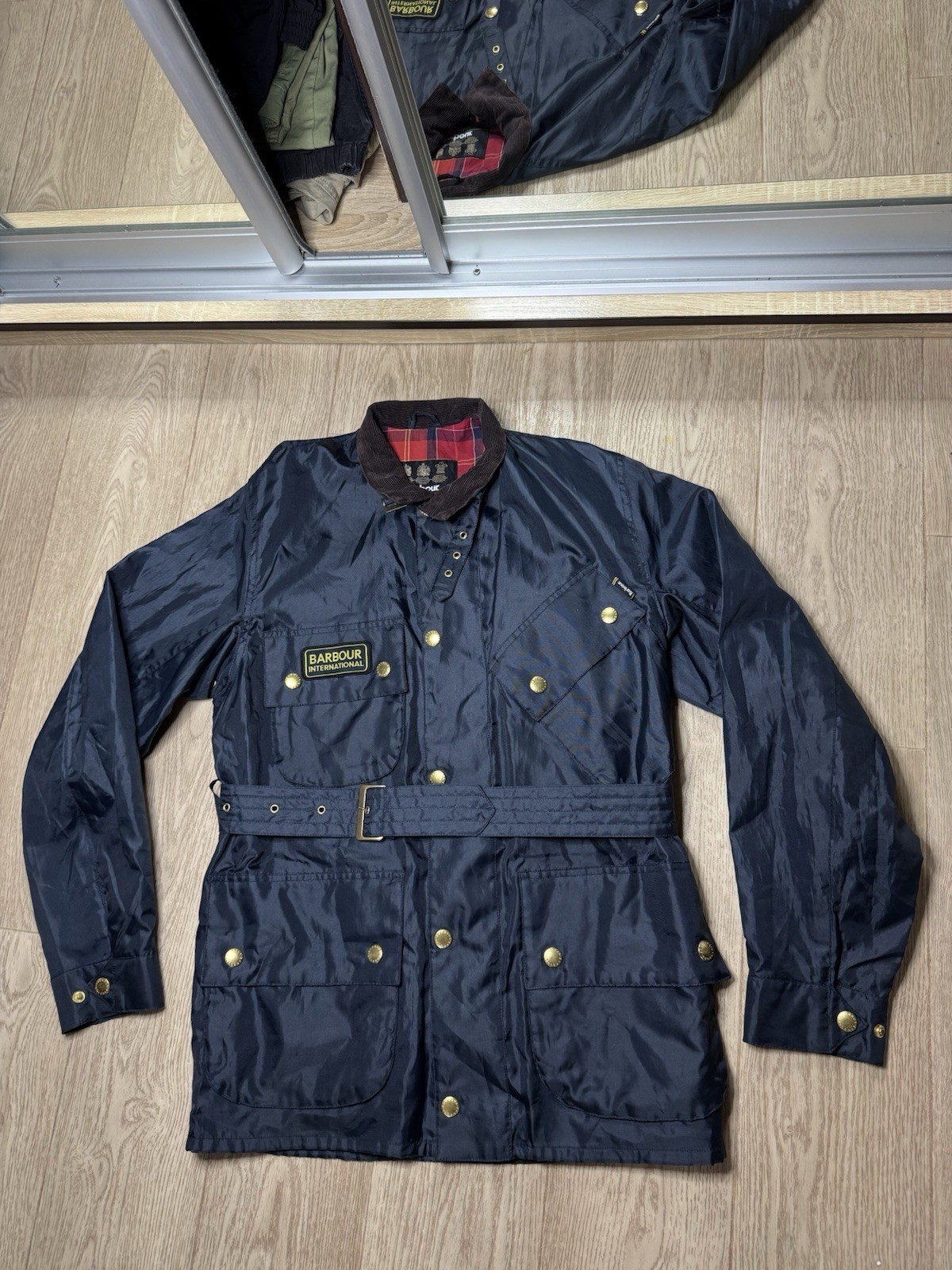 Mens Barbour Nylon A7 Bright Brass International Jacket, Navy, Medium, Belted Mens Barbour Nylon A7 Bright Brass International Jacket, Navy, Medium, Belted