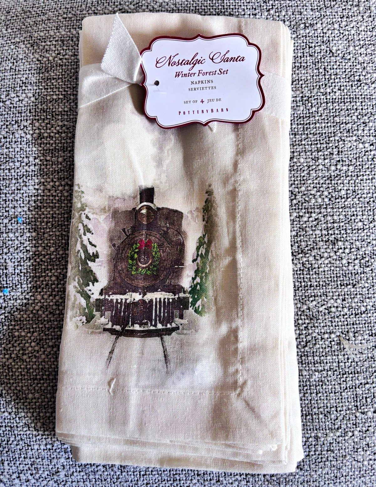 Pottery Barn Nostalgic Santa Winter Forest Napkins Set of 4 16x18 Cotton