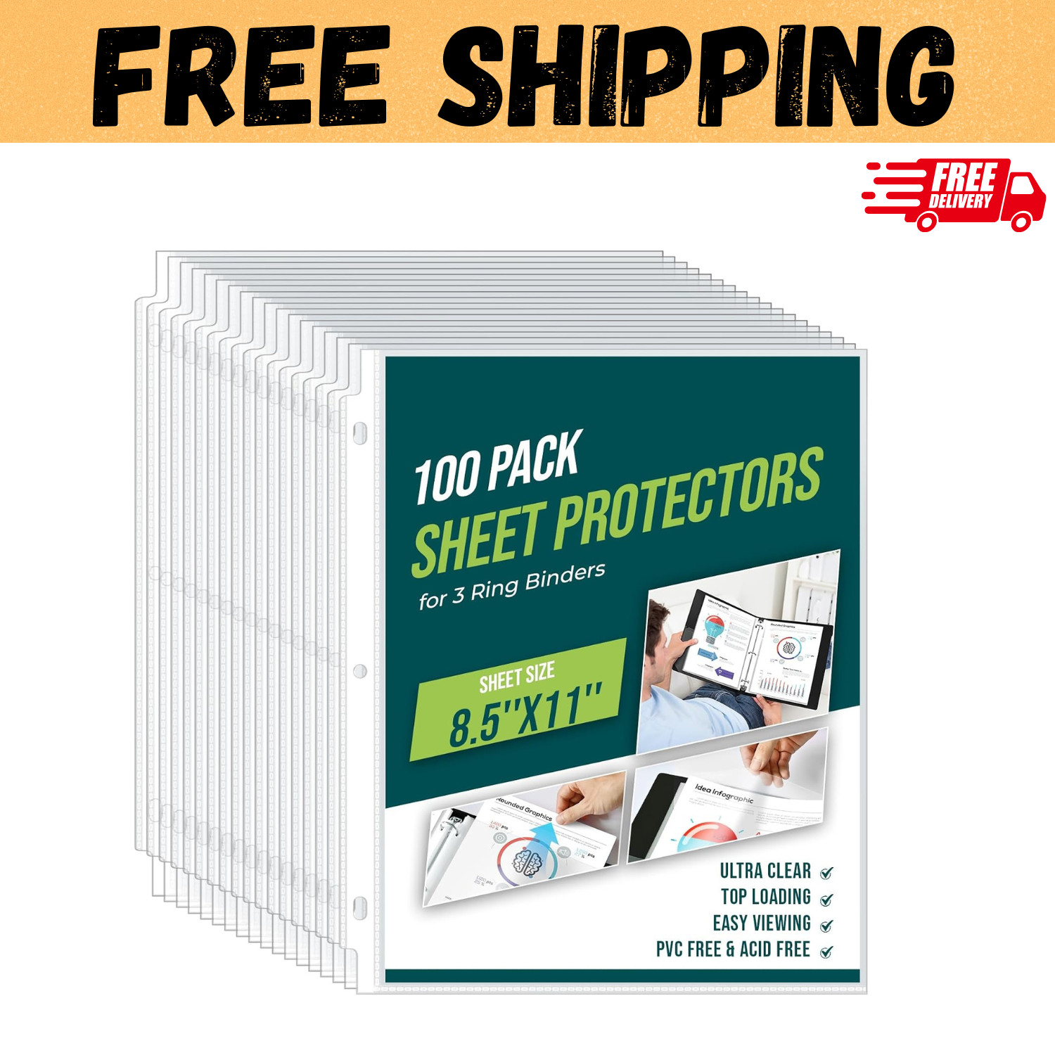 100 Pack Sheet Protectors 8.5 x11 Inch Clear Page Protectors for 3 Ring Binder