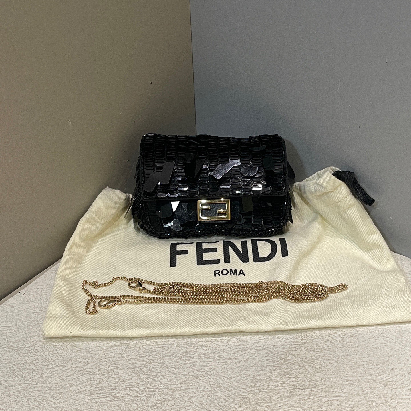 AUTH Fendi Baguette Nano Black Sequin Gold Hardware Chain Crossbody Bag