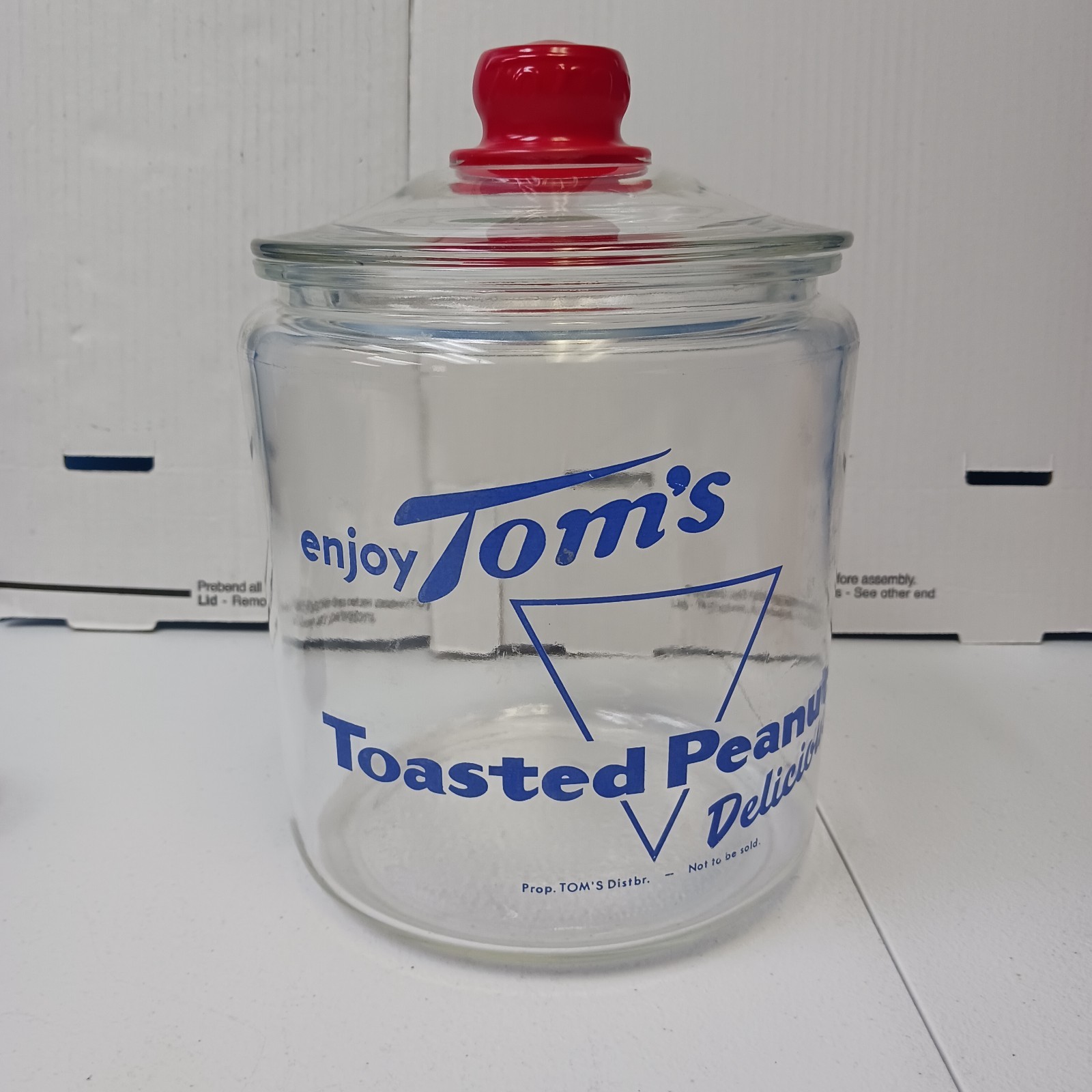 Vtg Enjoy Tom\'s Toasted Peanuts Countertop Display Jar, Blue w Red Embossed Lid Vtg Enjoy Tom\'s Toasted Peanuts Countertop Display Jar, Blue w Red Embossed Lid