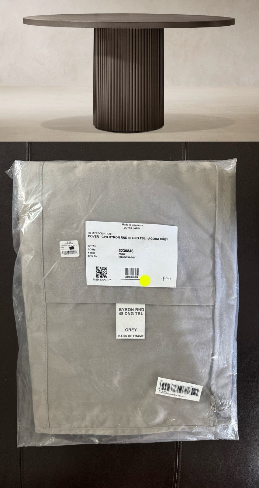RH Restoration Hardware Byron  48” Round Dining Table COVER Grey $445 New