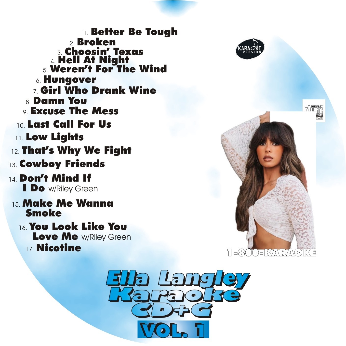 CUSTOM KARAOKE ELLA LANGLEY 17 GREAT SONG cdg CD+G RARE W/RILEY GREEN BROKEN +