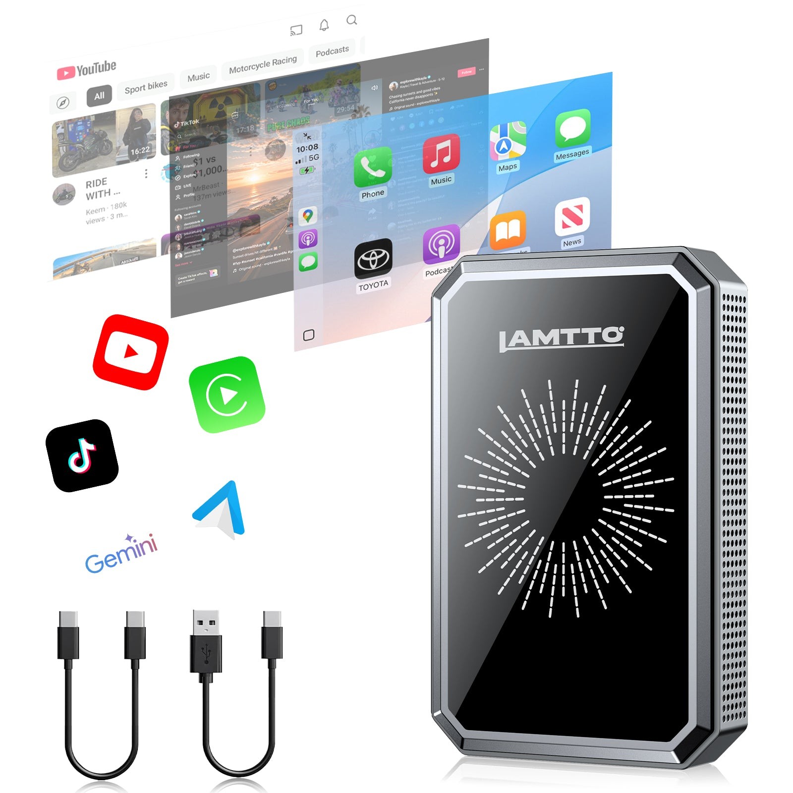 LAMTTO 4-in-1 Gemini AI Smart Box Wireless CarPlay Adapter with Apps Download