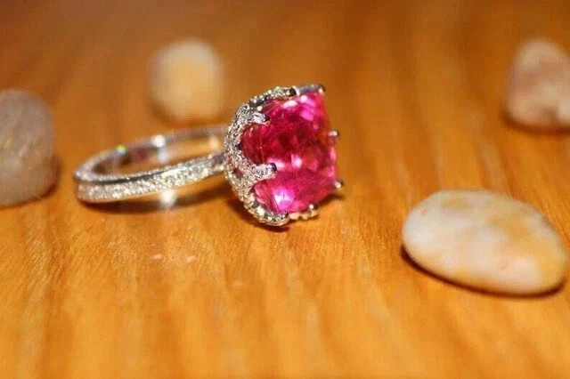 3.00Ct Cushion Cut Natural Pink Sapphire & Diamond Wedding Ring 14K White Gold
