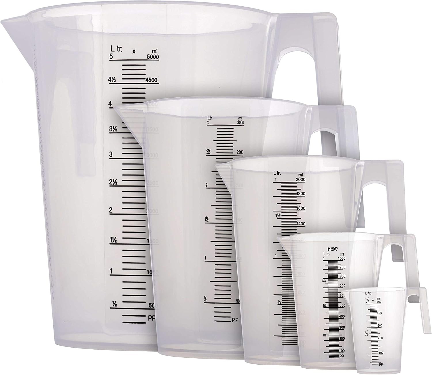 5 Piece Set of Plastic Graduated Measuring & Mixing Pitchers 500 1000 Quart 2000