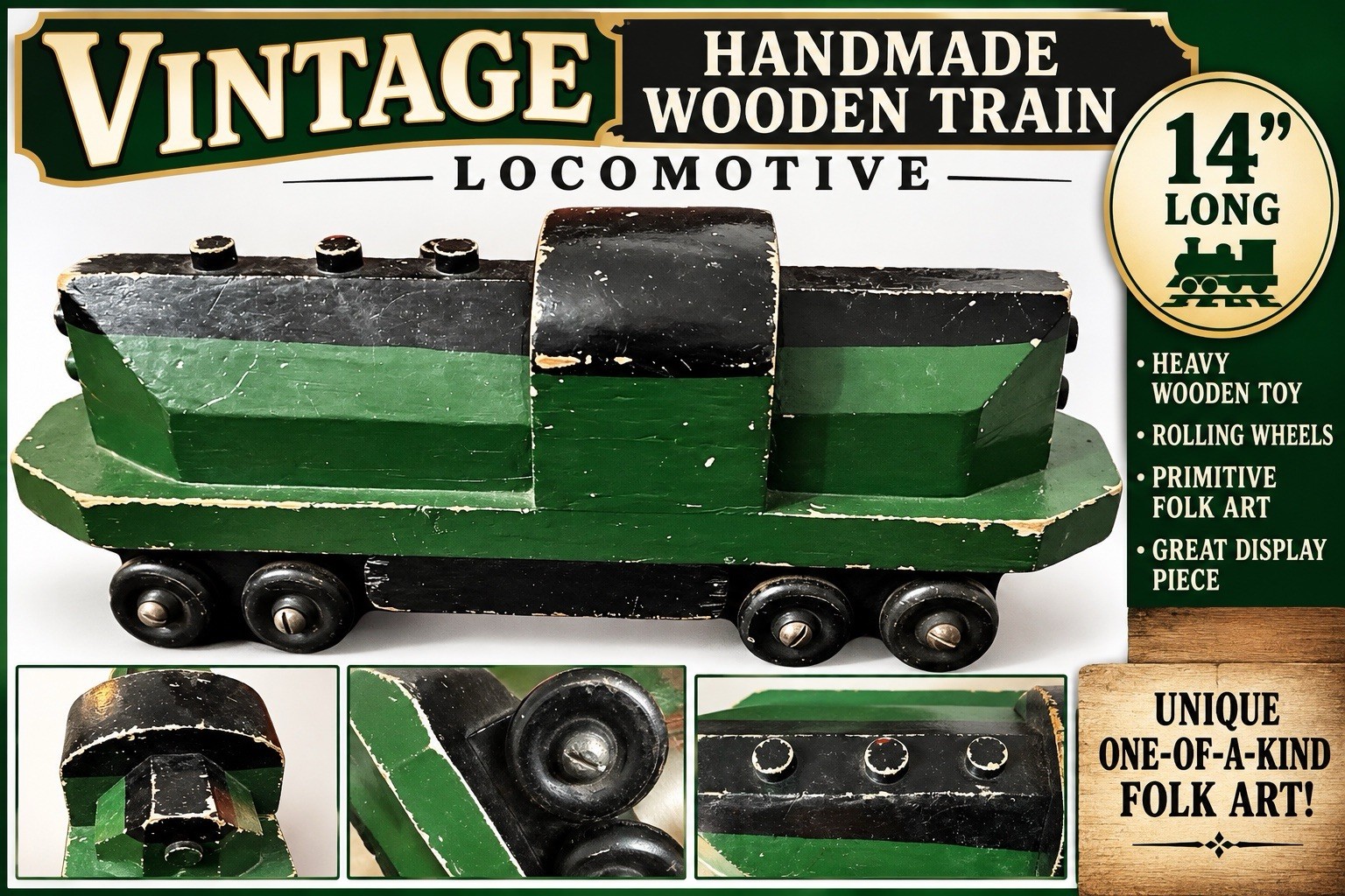 VTG Handmade Primitive Folk Art Heavy Wooden Train Locomotive 14” Rolling Toy