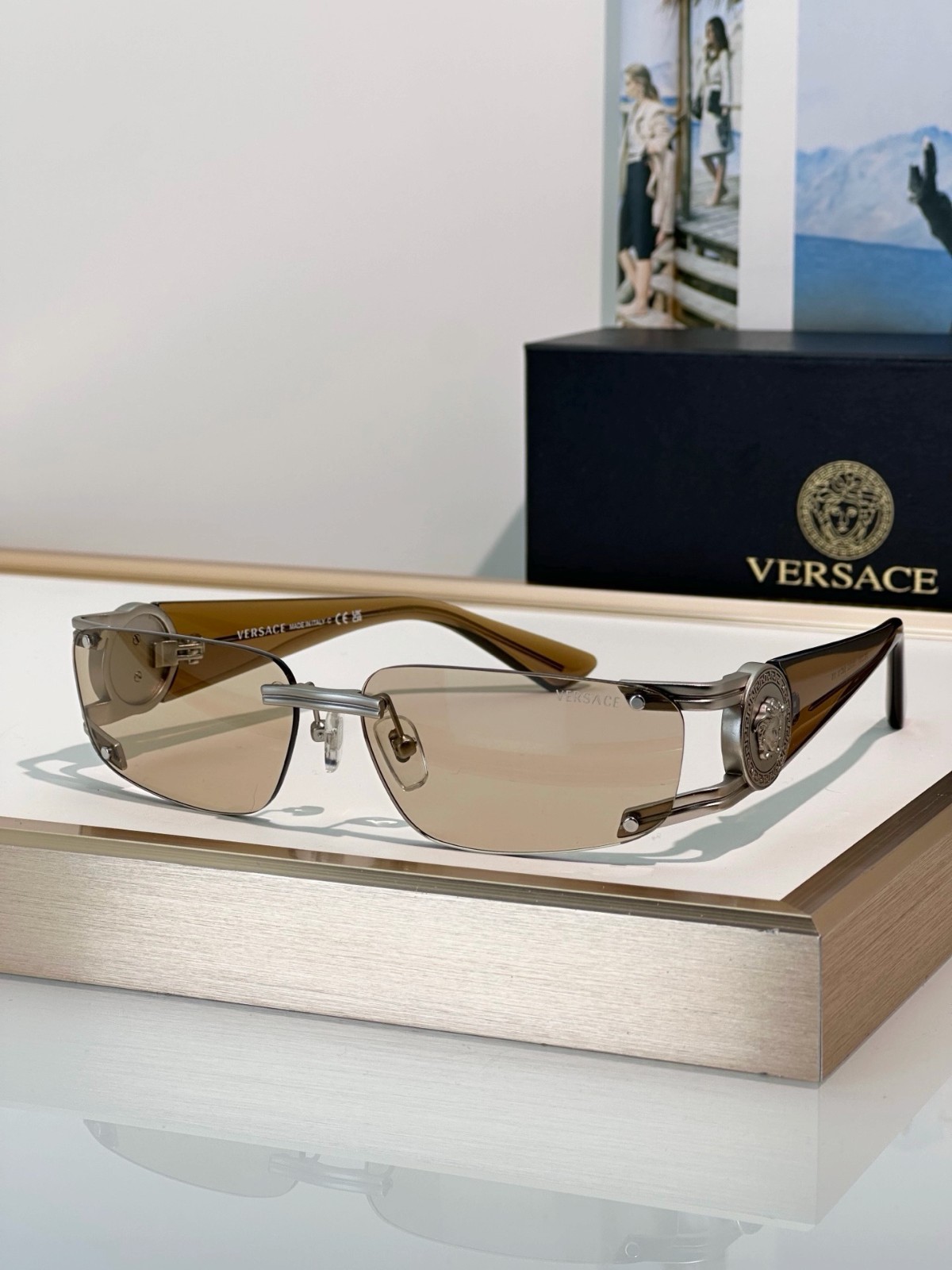 Versace VE2291 Medusa Logo Sunglasses Rectangular Rimless Design