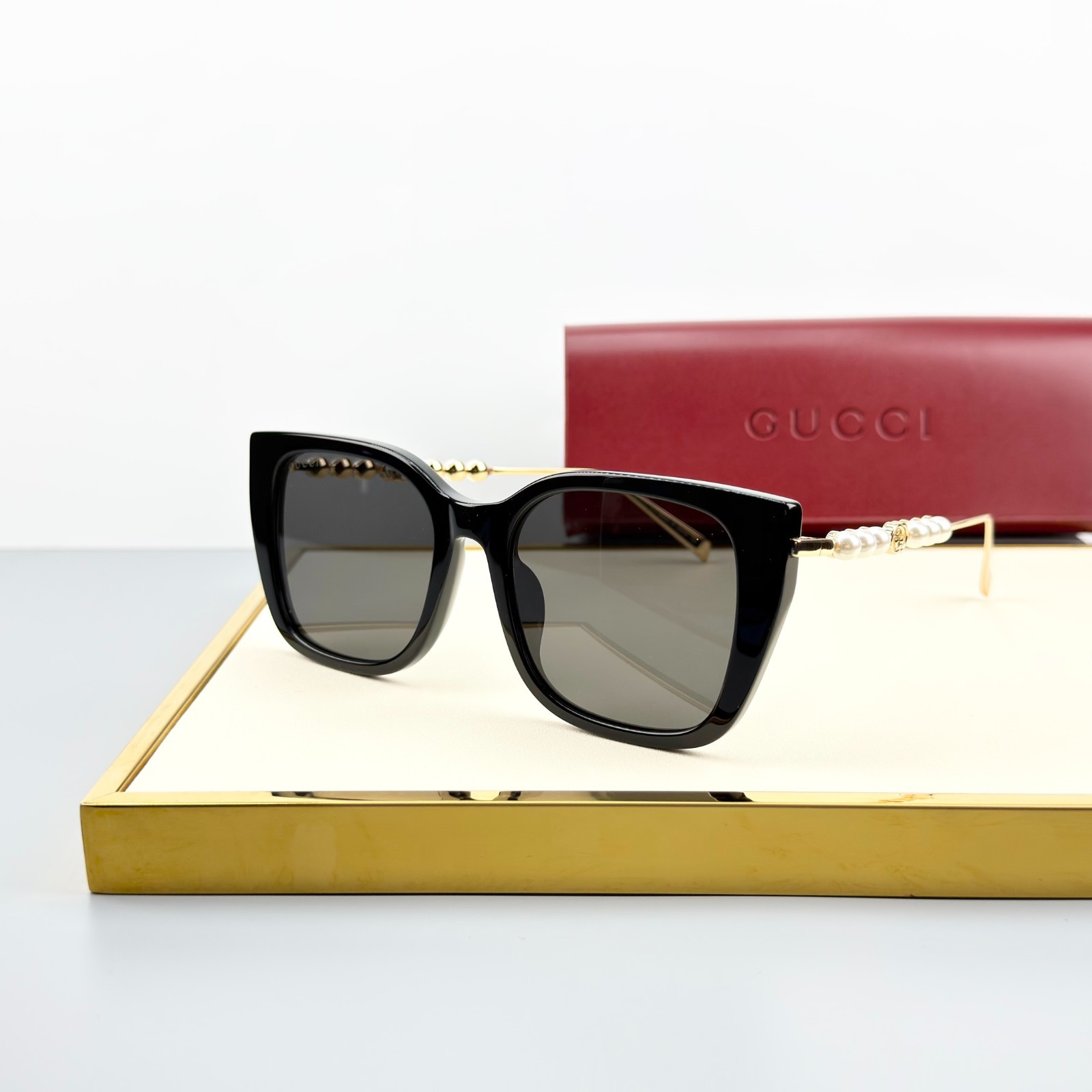 Gucci GG1971SA 001 Black Gold Pearl Gray Lens Women\'s Sunglasses New