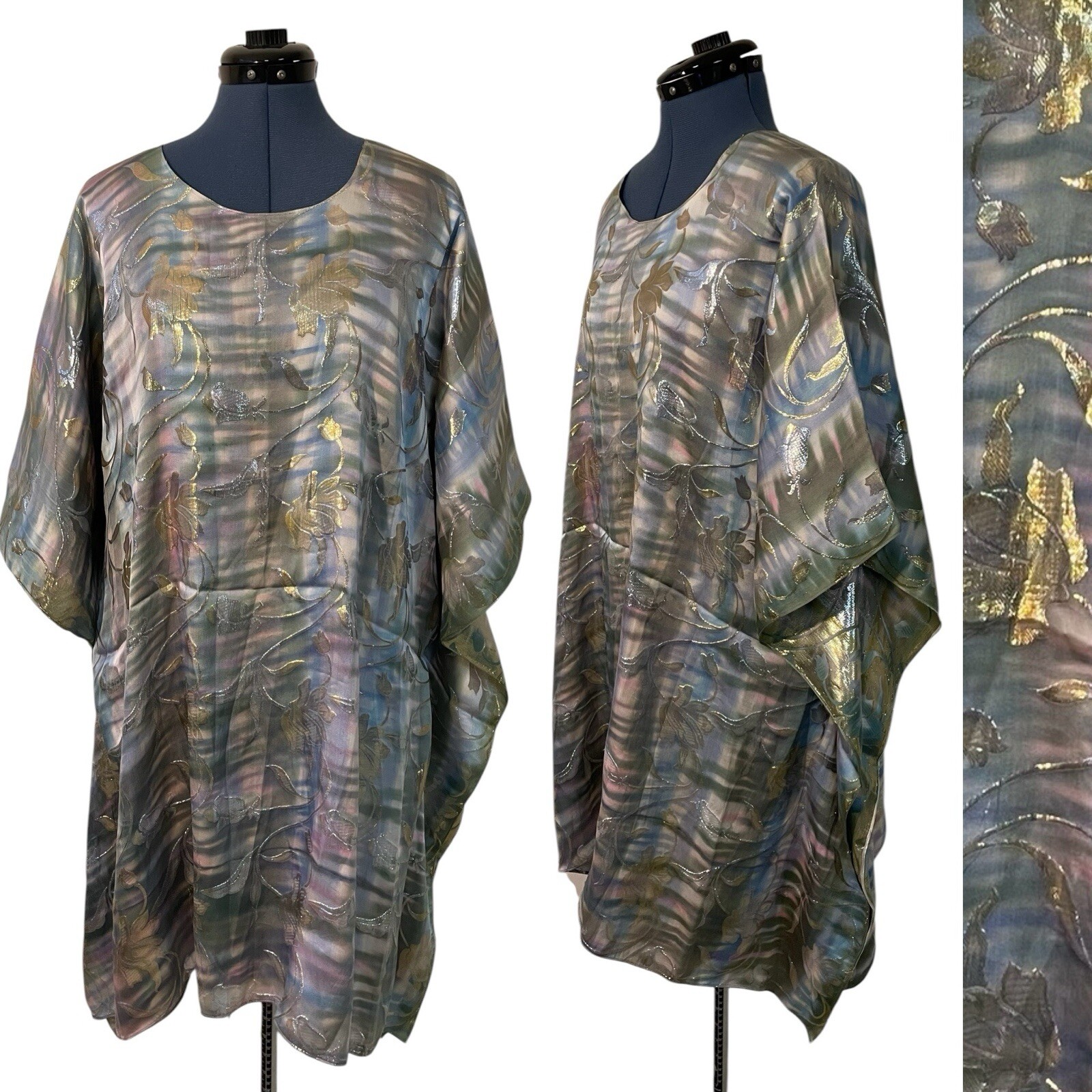 VTG Women\'s Floral Iridescent Metallic Kimono Tunic  Artsy Boho Fairy Cosmic OS