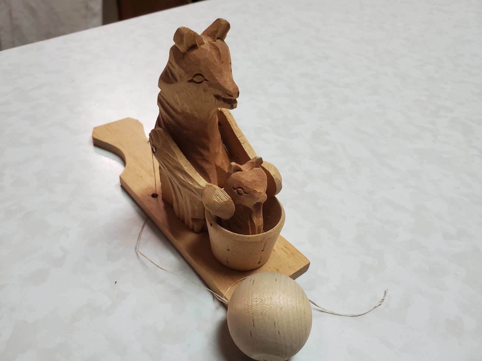 Vintage Hand-Carved Folk Russian Wood Toy - Mother Bear Washing Cub Bogorodskoye