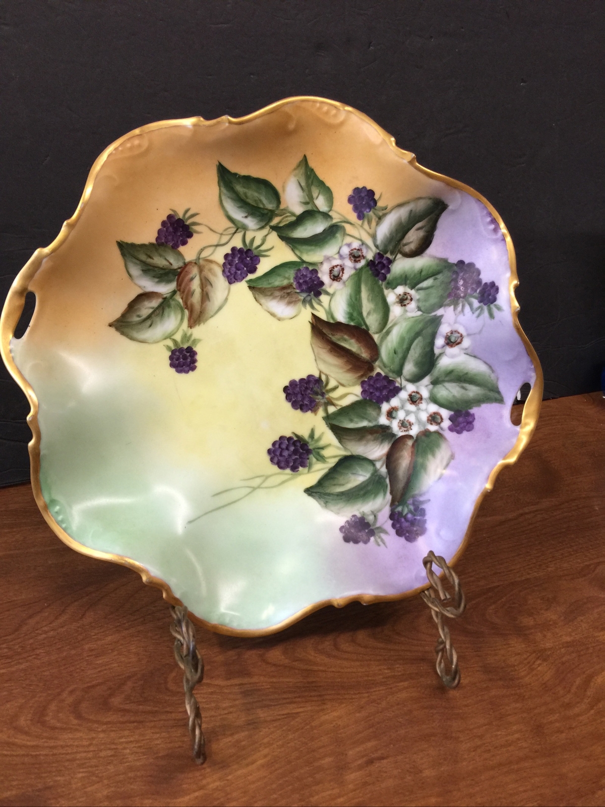 vintage antique German Berry Gilded Hand Painted Floral purple bowl Dish vintage antique German Berry Gilded Hand Painted Floral purple bowl Dish