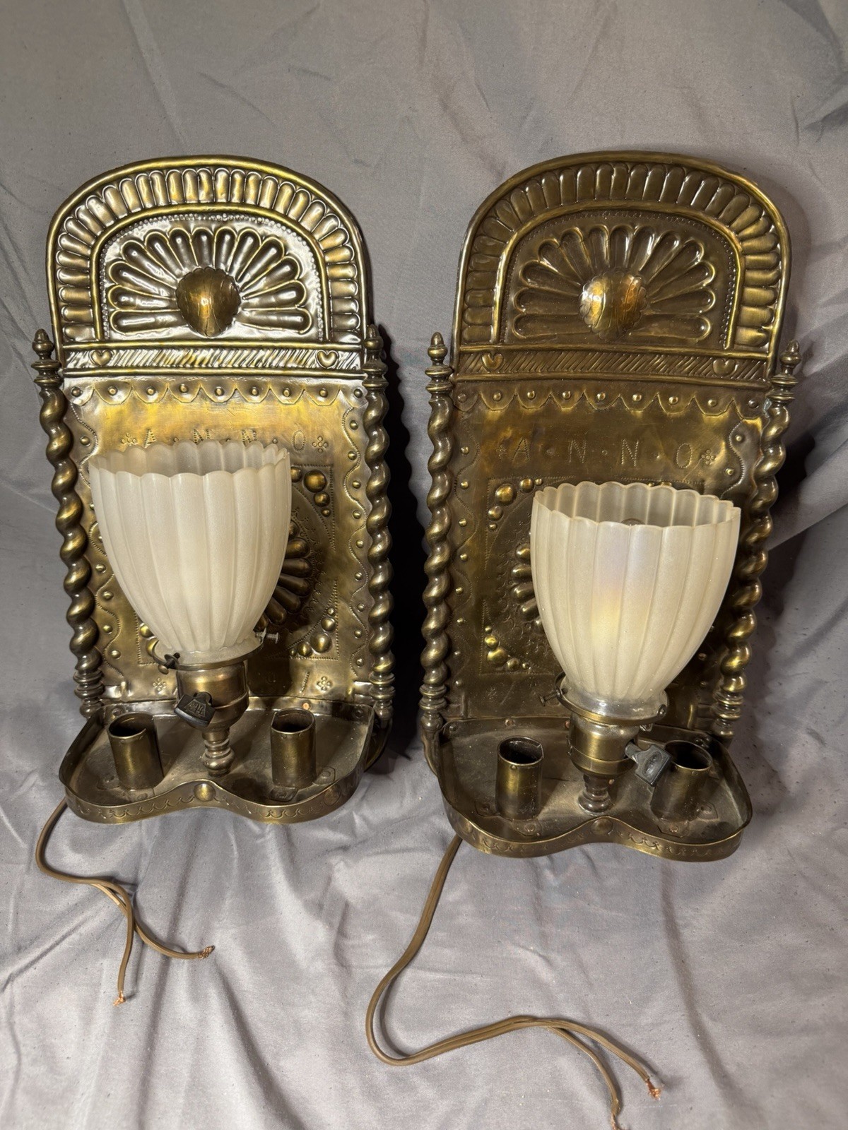 Pair Vintage Ornate Brass Wall Sconces Spanish Revival Frosted Glass Shades
