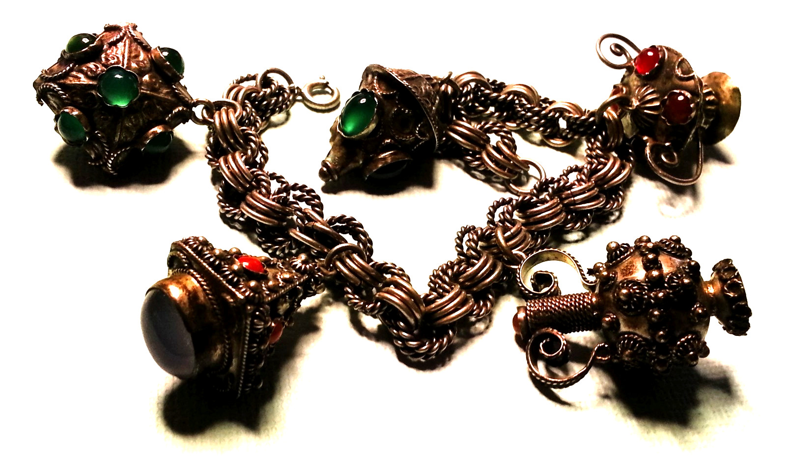 Vintage Etruscan Revival 800 Silver Bracelet With (5) Fob Charms, 7.75
