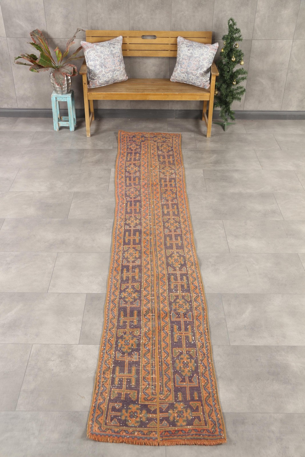 Vintage 2x11,2 ft Rug, Turkish Runner Rug, Orange Patchwork Rug
