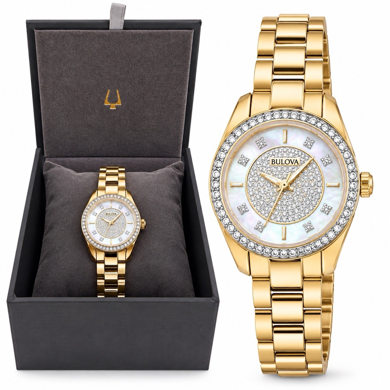 Bulova 98L315 Women’s Crystal Watch Gold Tone Mother of Pearl w/ Box & Tag
