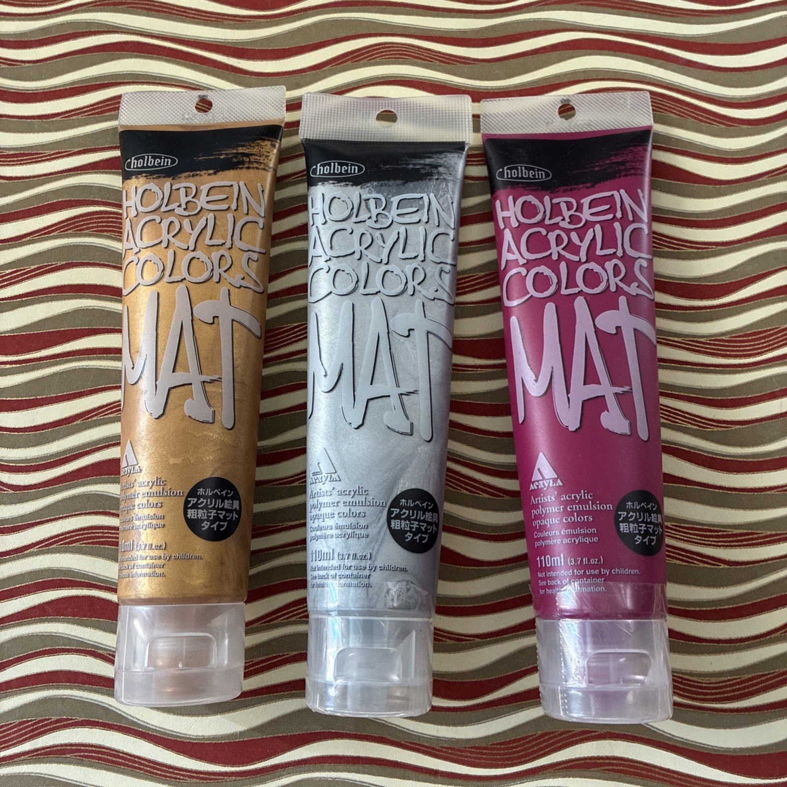 Acrylic Paint Set - Holbein Mat x3 Gold, Silver, Rose Violet Artist 110 ml each 