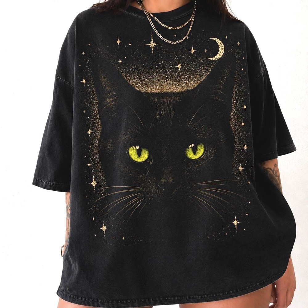 women t-shirt short sleeve graphic, Black Cat Vintage 90s Witchy Y2K Celestial