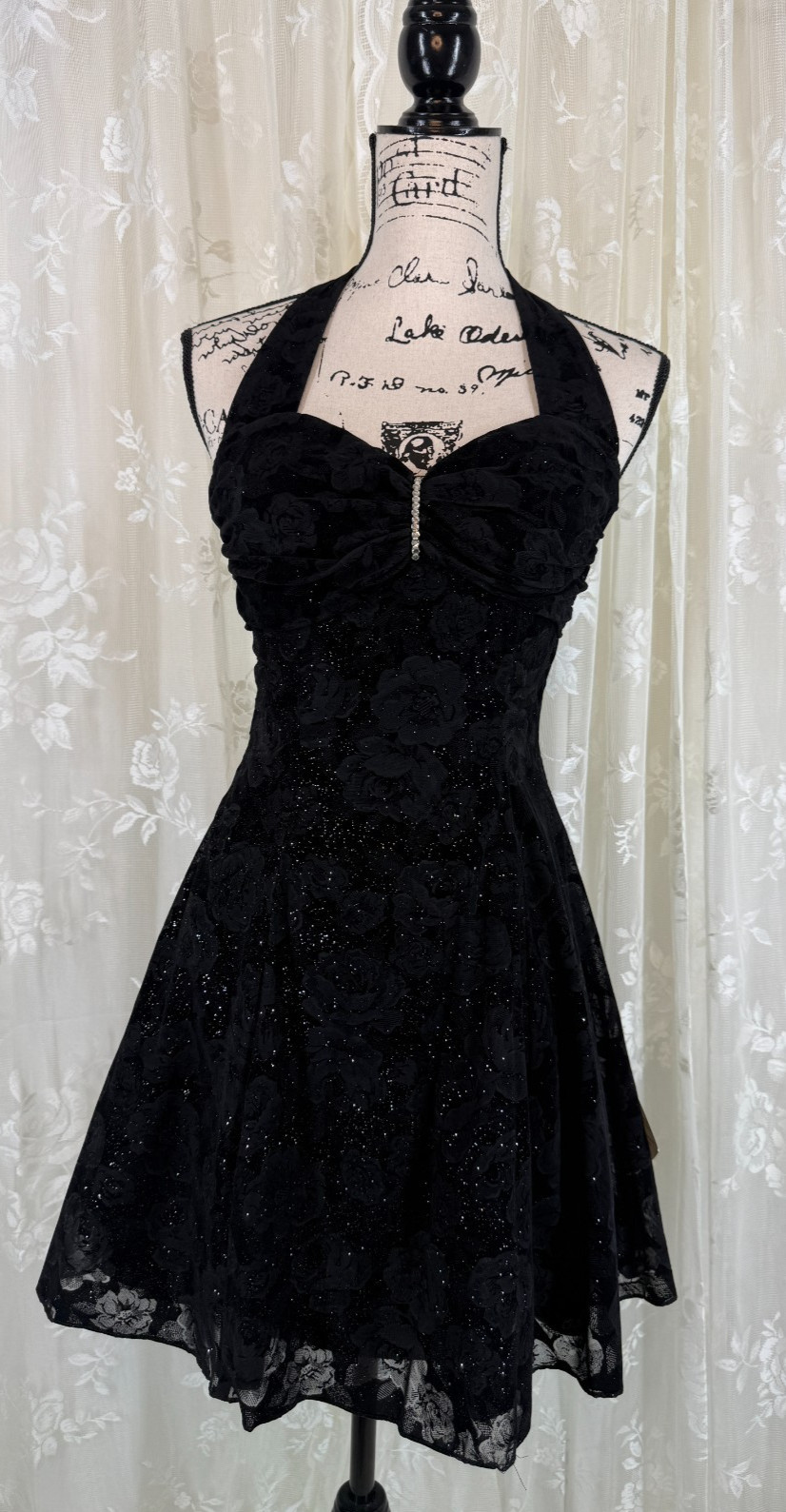 Vintage 90s Zum Zum Black Prom Homecoming Halter Dress 3/4 NWT USA Sparkle Flock
