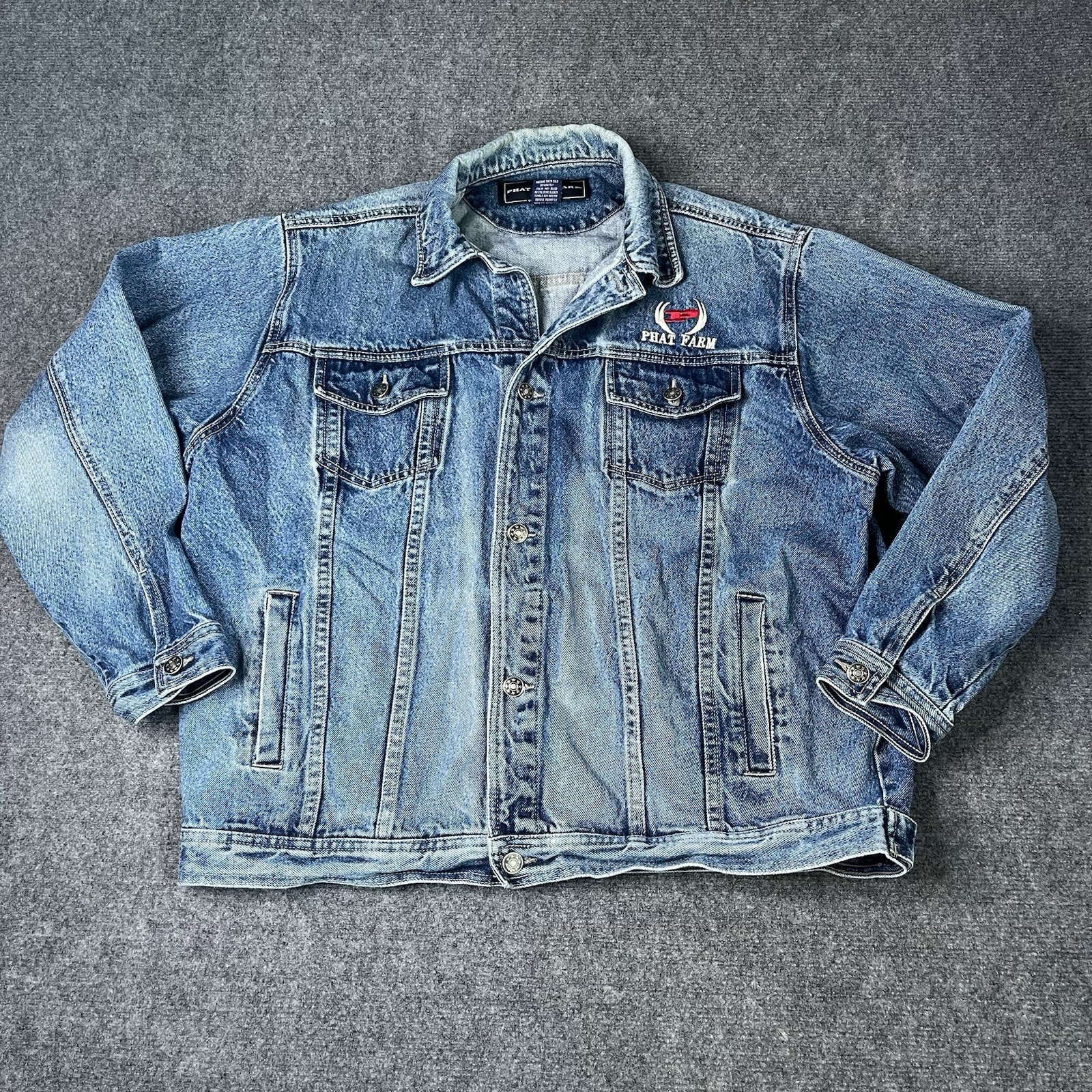 Vtg Phat Farm Denim Jean Jacket Hip Hop Size 20 Mens M Blue Embroidered