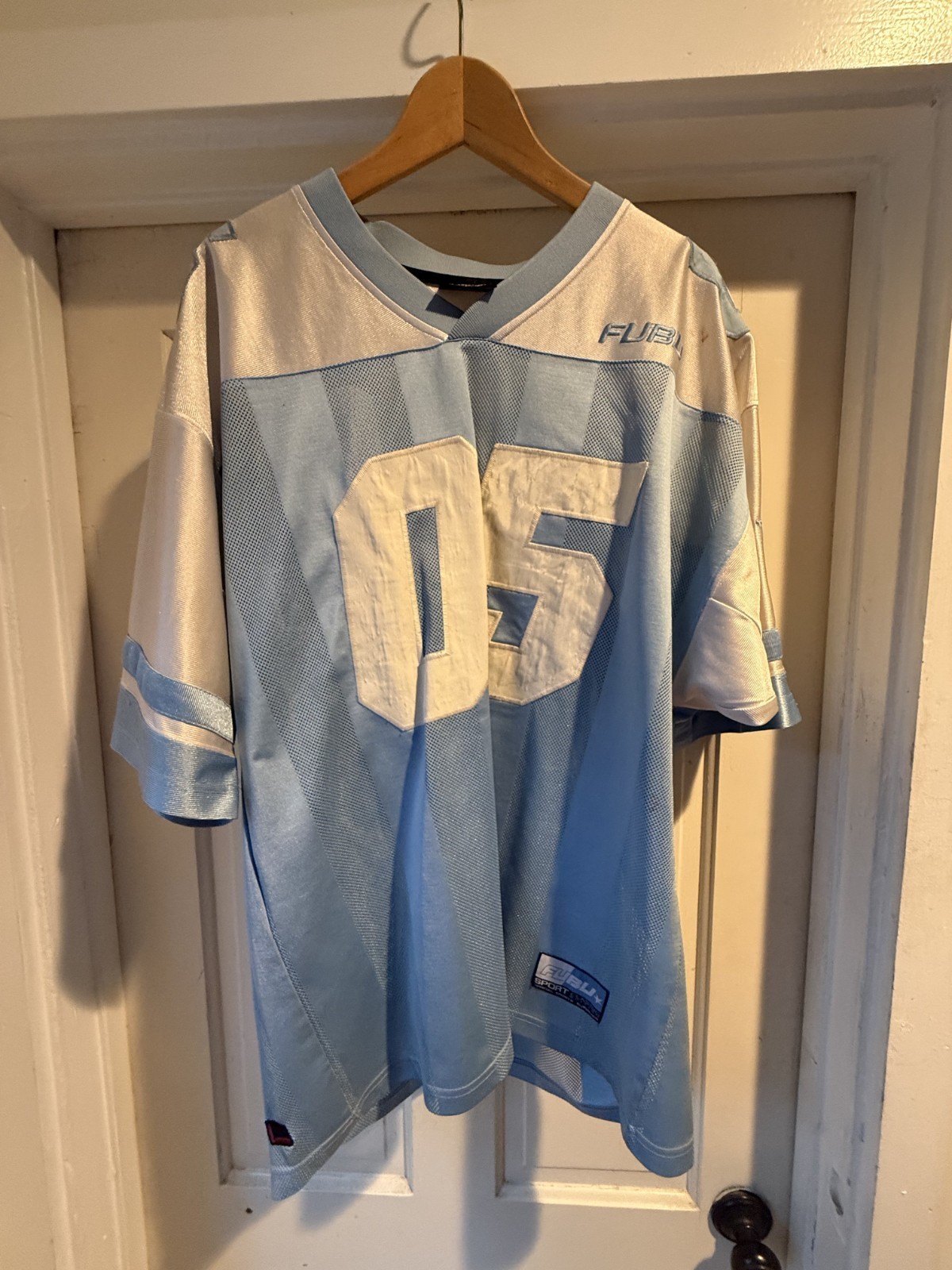 Vintage FUBU Sport 05 Football Jersey Large Blue White Y2K Hip Hop Made Korea
