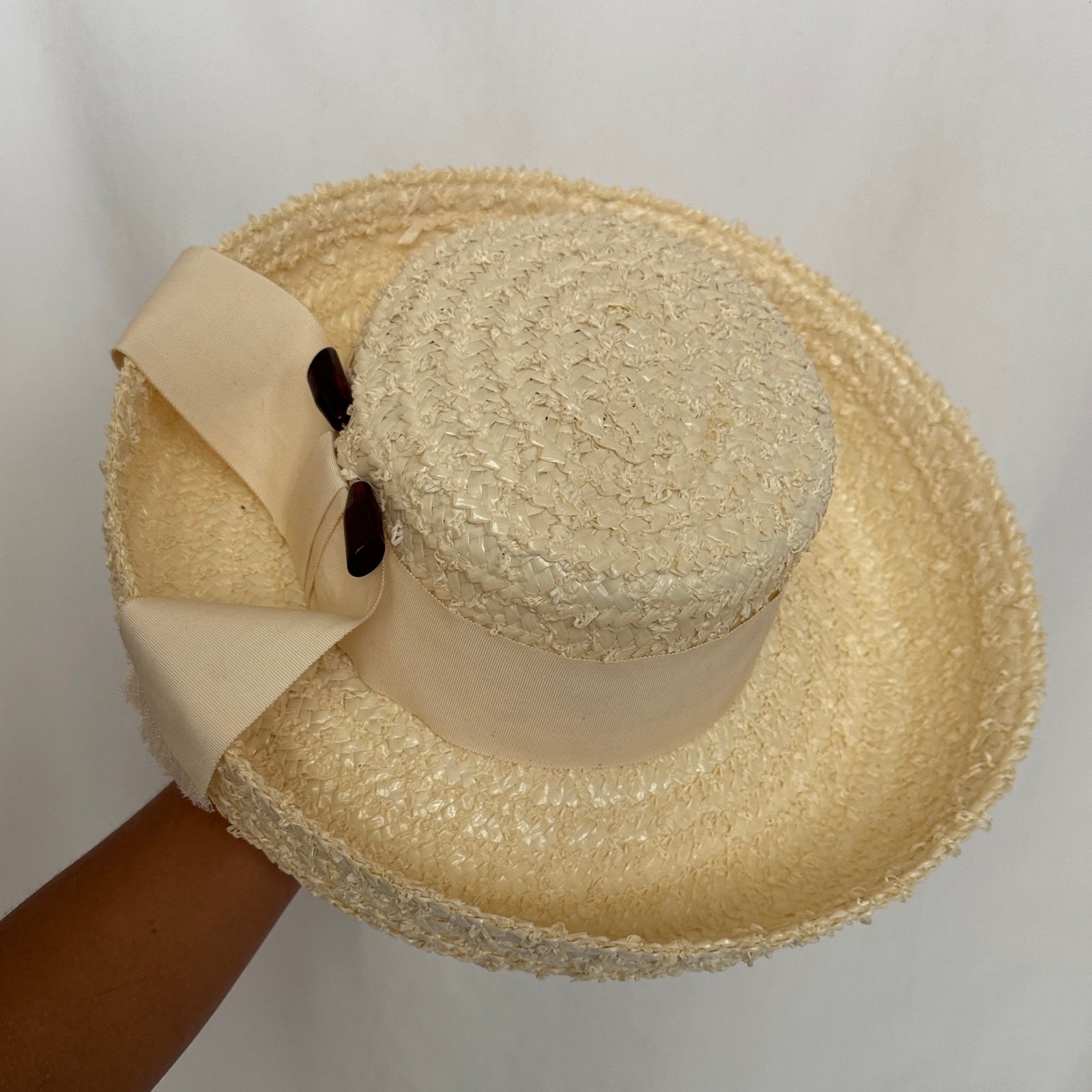 Vintage 60s Ivory Wide Brim Straw Boater Hat Bow Medium Bridal Vintage 60s Ivory Wide Brim Straw Boater Hat Bow Medium Bridal