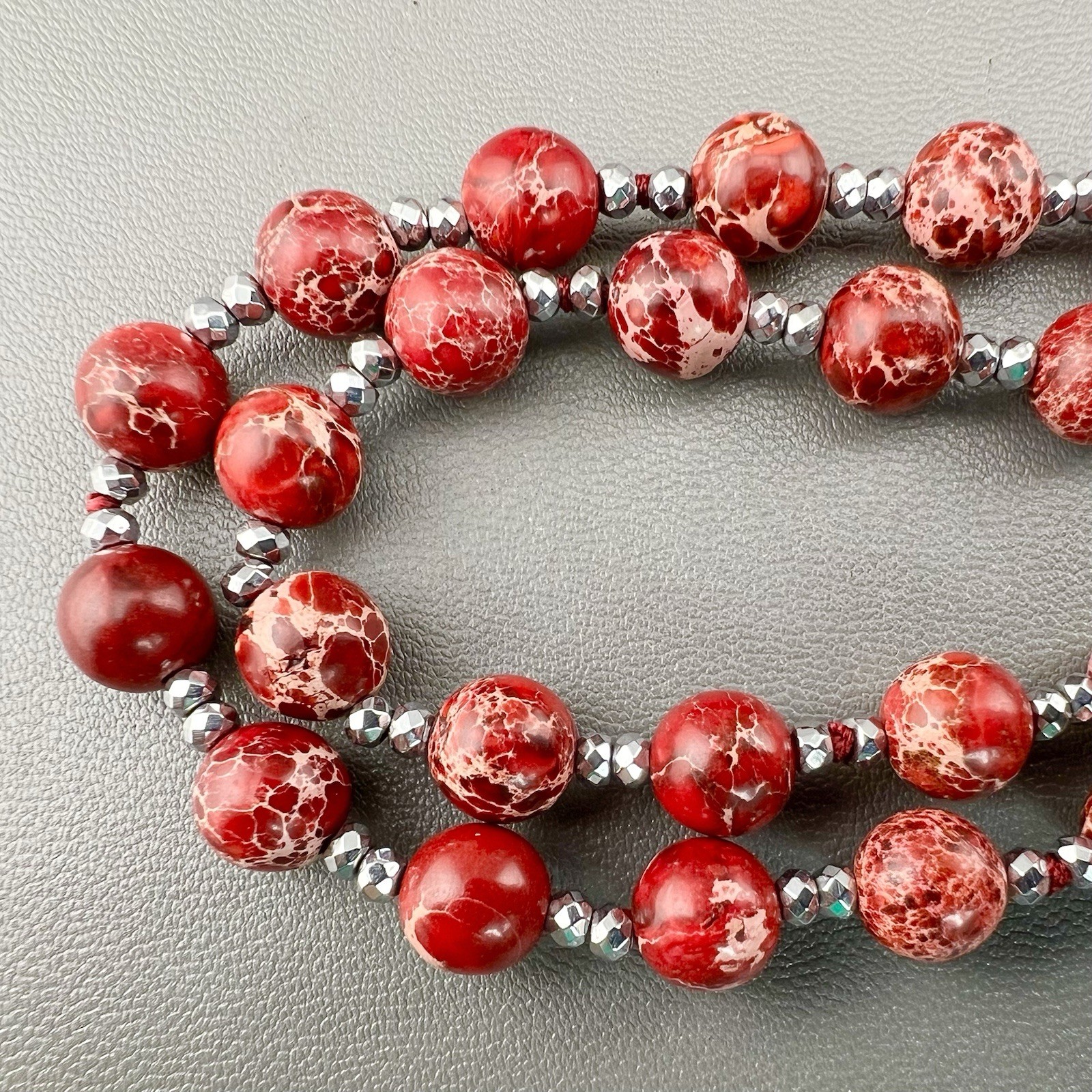 Vintage Red Stone Beaded Necklace Faceted Silver Tone Spacers Long Flapper 50”