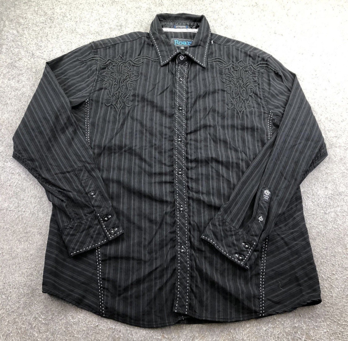 Roar Shirt Mens 2XL Black Stripe Long Sleeve Western Snap Embroidered Signature