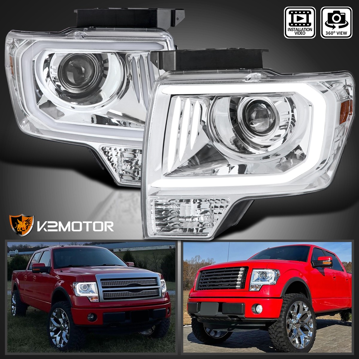 Fits 2009-2014 Ford F150 F-150 LED Tube Bar Projector Headlights Head Lamps Pair Fits 2009-2014 Ford F150 F-150 LED Tube Bar Projector Headlights Head Lamps Pair