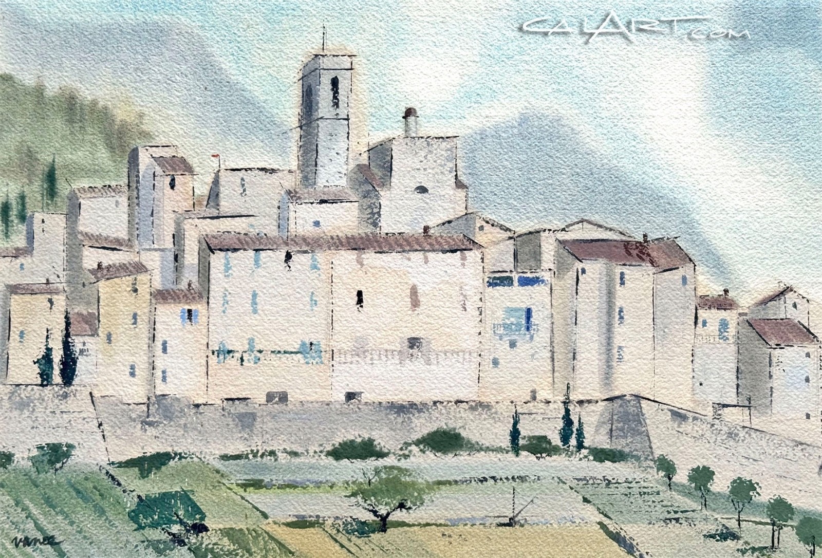 1950s James Vance A.W.S. Watercolor Painting of ST. PAUL De VINCE France