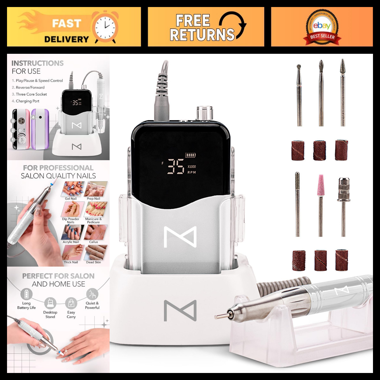 Professional Nail Drill Machine 2-in-1, Cordless, 35000 RPM, Manicure Tool Professional Nail Drill Machine 2-in-1, Cordless, 35000 RPM, Manicure Tool