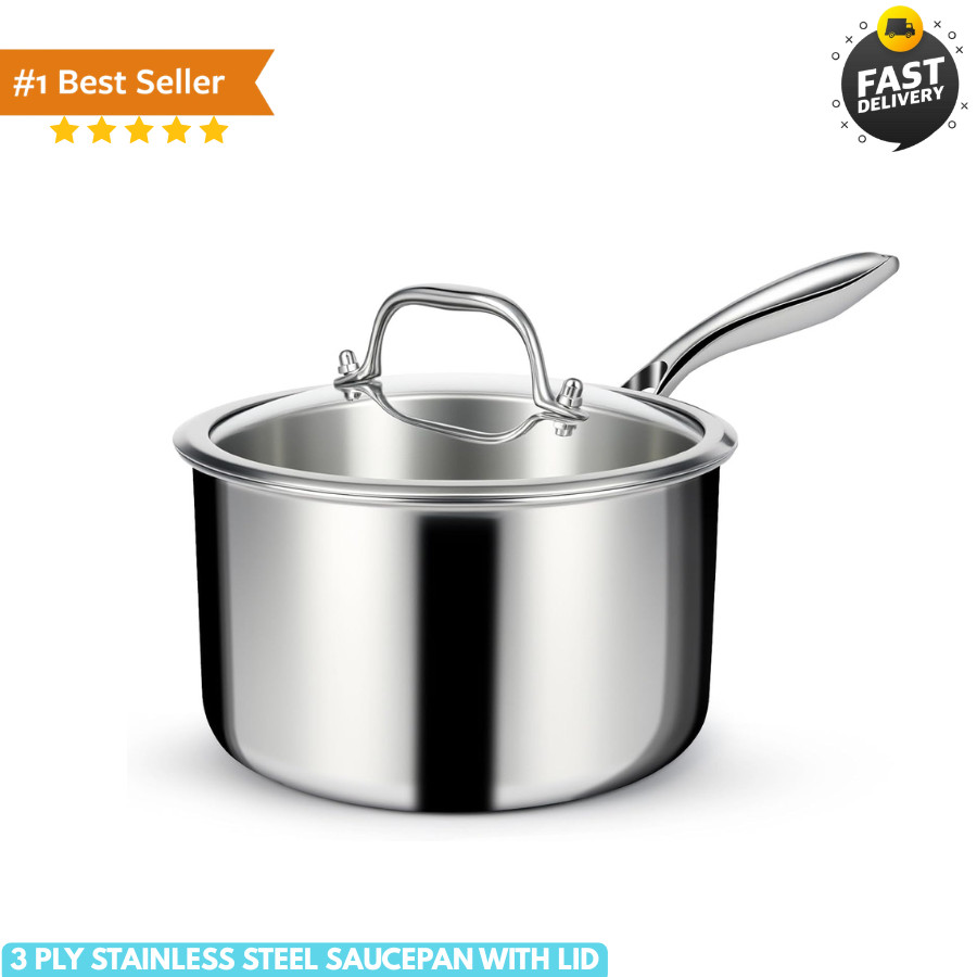 3 Ply Stainless Steel Saucepan with Lid, 3 Quart Multipurpose Cooking Pot, St... 3 Ply Stainless Steel Saucepan with Lid, 3 Quart Multipurpose Cooking Pot, St...