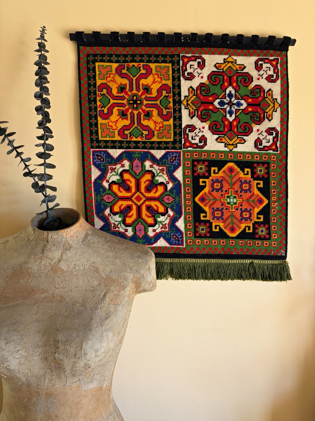 60’s-70’s Vtg Needlepoint Wall Hanging Geometric Folk Art Tapestry Fringe