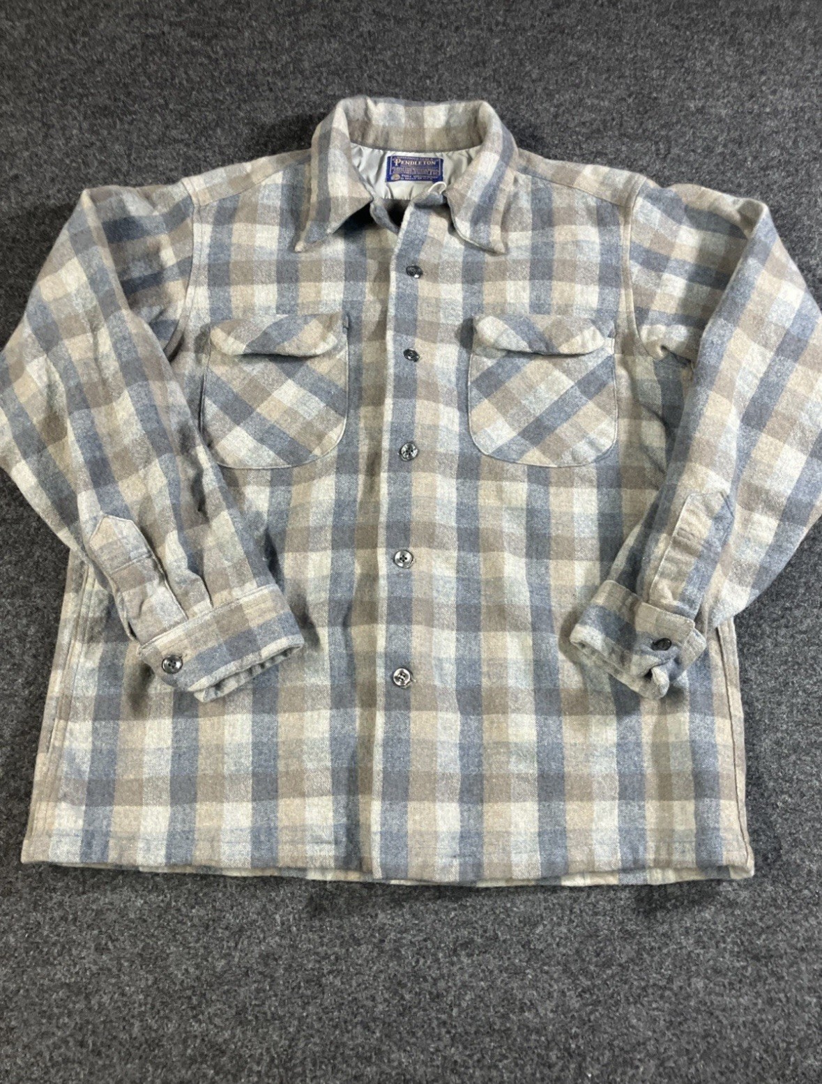 Vtg 70s Pendleton Wool Board Shirt Medium Shadow Plaid Ombre Tan Blue USA Loop Vtg 70s Pendleton Wool Board Shirt Medium Shadow Plaid Ombre Tan Blue USA Loop